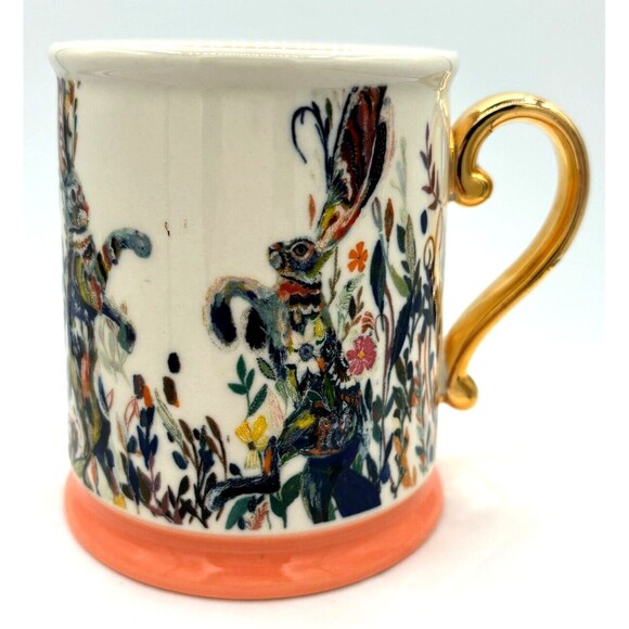 Anthropologie Starla M Hoffman Dancing Hares Coffee Mug Hand Painted Gold Handle - Picture 1 of 16
